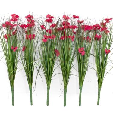 Imagem de Griine 6 feixes de grama de trigo artificial e caule de cebola com flores violetas, arbustos altos falsos resistentes a UV para vasos externos e decoração de casa (rosa vermelha)