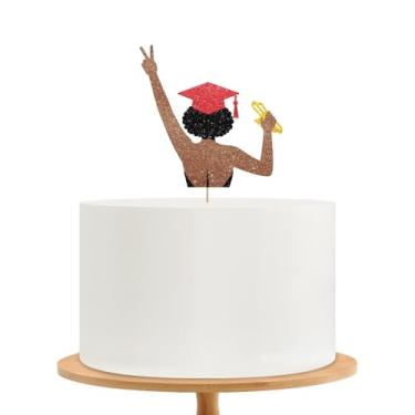 Imagem de Topo de bolo de formatura para meninas, enfeite de bolo acadêmico, glitter preto e vermelho 2026 Topper de bolo para decoração de festa de formatura de faculdade
