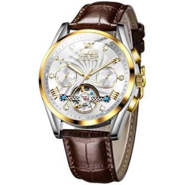 Imagem de OLEVS Relógio masculino de couro esqueleto automático mecânico turbilhão calendário fase da lua luminoso à prova d'água relógio de pulso luxuoso para negócios, 7088: mostrador branco e couro marrom