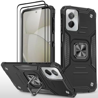 Imagem de HONG-AMY Capa para Moto G Play 4G 2024 com 2 peças de protetor de tela de vidro temperado, grau militar duplo à prova de choque com suporte - preta