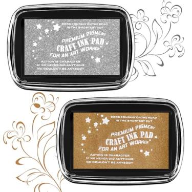 Imagem de Fuyoooo Conjunto de 2 almofadas de tinta em relevo brilhantes douradas e prateadas permanentes para carimbos de borracha para fazer cartões, álbuns, convites de casamento e artesanato DIY