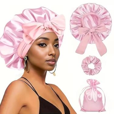 Imagem de Conjunto de toucas de cabelo para dormir, 2 peças, touca noturna feminina de cetim de seda com gravata para trançar, touca de banho antifrizz para proteção noturna do cabelo (cor aleatória)