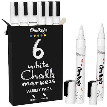 Imagem de Chalkola 6 marcadores brancos de giz líquido – canetas brancas apagáveis a seco para placas de quadro-negro, janela de carro, vidro, bistrô | Pacote variado - (3x) ponta fina de 3 mm + (3x) marcador