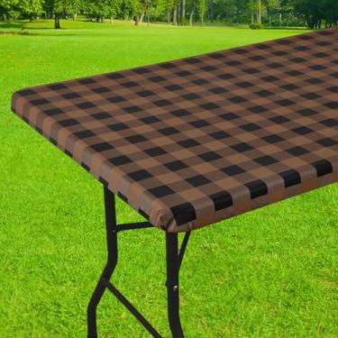 Imagem de Smiry Toalha de mesa retangular de piquenique, toalhas de mesa elásticas à prova d'água, capas de mesa xadrez de búfalo com forro de flanela para jantar, acampamento, ao ar livre (preto e marrom, 76