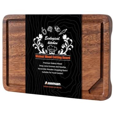 Imagem de Axeman Mini tábua de corte de madeira de nogueira de 23 x 15 cm com ranhura de suco para bancada de cozinha, tábua de cortar madeira de nogueira americana grossa de origem americana, placa de