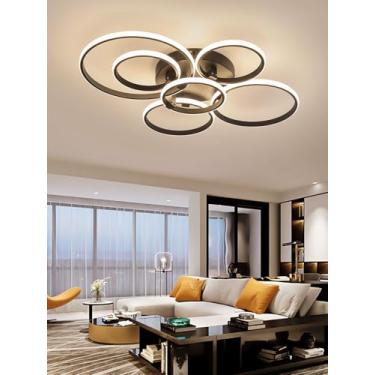 Imagem de Luminária de teto LED moderna, redonda, com intensidade regulável e controle remoto, em acrílico, com design econômico para iluminação de sala de jantar, quarto e cozinha (preta, 6 anéis).