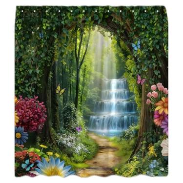 Imagem de CWHCWA Cortina de chuveiro floresta, cachoeira, verde, árvore, natureza, jardim, cenário, primavera, floral, borboleta, paisagem, decoração de banho, cortina com ganchos, 187 x 178 cm