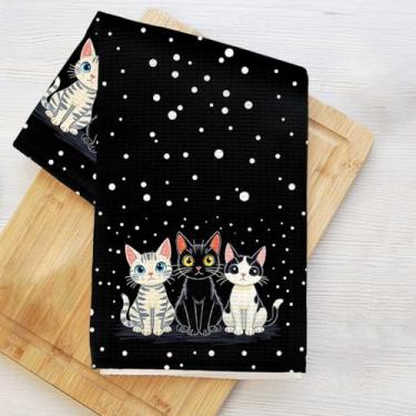 Imagem de Toalhas de cozinha extravagantes de gato de desenho animado, toalha de prato decorativa de microfibra absorvente, toalhas de mão de waffle para cozinha, casa, banheiro, presentes para amantes de gatos