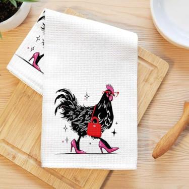Imagem de Toalhas de cozinha engraçadas de frango, elegante pano de prato de microfibra absorvente decorativo de frango, toalha de chá, toalhas de mão macias de waffle para casa de fazenda, casa de banho