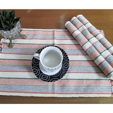 Imagem de Jogo Americano Natal 4 Peças Algodão Artesanal Tear Manual - Mesa Posta Rústica Elegante (listrado vermelho verde crú)
