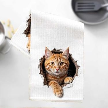 Imagem de Toalhas de cozinha com padrão de gato laranja, toalha de prato decorativa de microfibra absorvente adorável com estampa animal, toalhas de mão de waffle para cozinha, casa, banheiro, presentes para