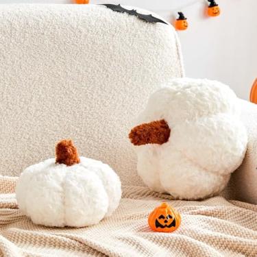 Imagem de Lfsaaj Conjunto de 2 travesseiros de abóbora de outono, almofadas de pelúcia brancas para decoração de Halloween de pele de coelho sintética macia em formato 3D para sofá, sofá, quarto, outono, dia de