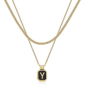 Imagem de Sistble Colares com inicial em camadas douradas para mulheres e meninas, delicados colares com inicial em camadas para mulheres com pingente quadrado preto alfabeto A-Z corrente cubana gargantilha colar para mulheres adolescentes joias presentes, Banhado a ouro, Sem Pedra Preciosa