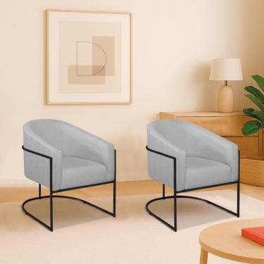 Imagem de Kit 2 Poltronas Decorativa Jade Moderno Escritório Confortável Luxo Base De Ferro Preto Bouclé Cor Cinza