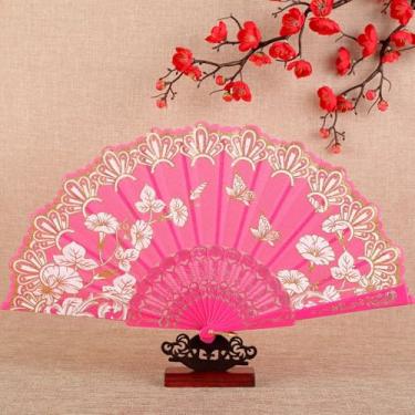 Imagem de Ventilador dobrável estilo chinês portátil decoração de casa leque dobrável vintage alça de plástico requintada (rosa vermelha)