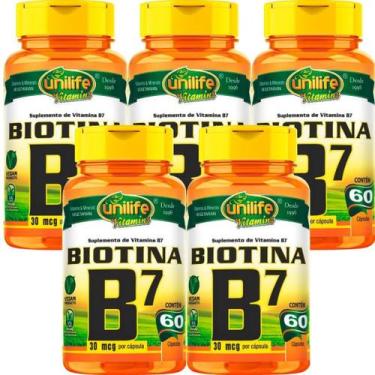 Imagem de Kit 5 Vitamina B7 Biotina 300 Cáps Cabelos Unha Pele Unilife, Sem sabo