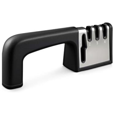 Imagem de Afiador Amolador 4 em 1 Profissional Manual em Aço Inox Utensílios de Cozinha, Churrasco Para Facas e Tesouras com Base Antiderrapante Cor Preto