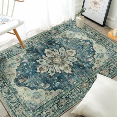 Imagem de RELEANY Tapetes de área 9,5 x 10,2 cm, lavável, antiderrapante, estampa floral, vintage, medalhão para sala de estar, quarto, sala de jantar, azul escuro vintage