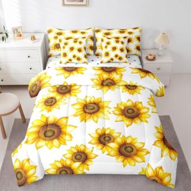 Imagem de Erosebridal Jogo de cama solteiro com girassol floral 3D, botânico, flores amarelas, pastoral, girassol, jardim, lençol com elástico e lençol de cima, branco