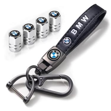 Imagem de Conjunto de tampas de haste de válvula de pneu de carro e chaveiro de carro compatível com BMW 1 3 5 6 Series X1 X3 X7 X5 X6 Z4 7 M para homens e mulheres presentes de família acessórios de carro