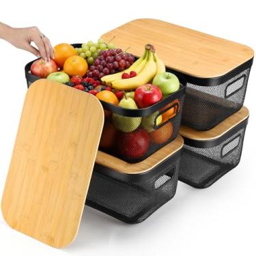 Imagem de Sawysine Cesta de aço de malha de metal com 4 peças com alças e tampas de bambu, cesta de arame empilhável, organização e armazenamento para armários, prateleiras, cozinha, colheita