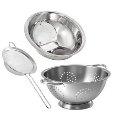 Imagem de Kit Multiuso Escorredor de Arroz, Macarrão e Peneira Aço Inox Prime - 