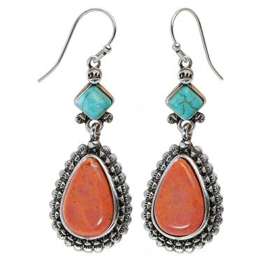 Imagem de Zszkoz Brincos de gota Boho turquesa laranja para mulheres, vintage, boêmio, ocidental, pingente, joias, presente, Small, Metal, Sem pedra preciosa