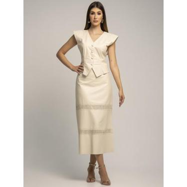 Imagem de Saia Aígli Couro Legítimo - PS4362, Off white com vazado, G