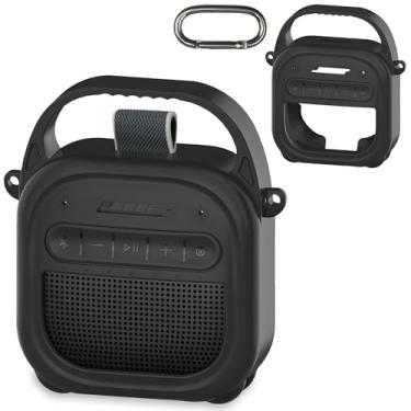 Imagem de RAWECUD Capa de silicone para alto-falante Bluetooth portátil Bose SoundLink Micro 2, acessórios para alto-falante Micro 2, capa de silicone com alça e mosquetão (capa preta)