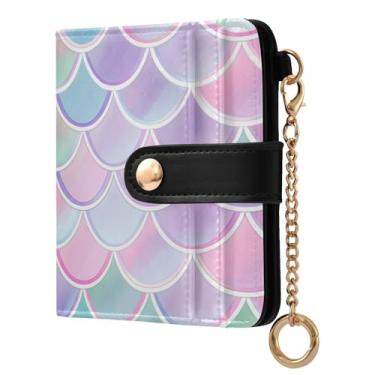 Imagem de STAYTOP Linda carteira feminina colorida com escamas de sereia com bloqueio de RFID, de couro macio, dobrável e compacta, porta-cartões com zíper, bolso para moedas, janela para identidade