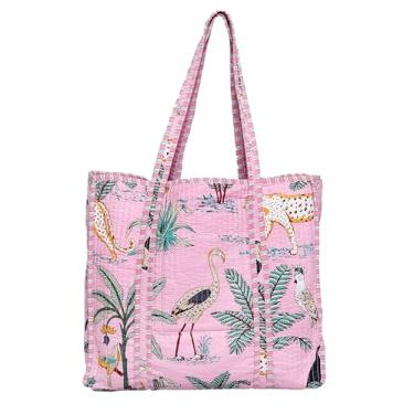 Imagem de Bolsa feminina acolchoada de algodão | Bolsa de ombro leve com bolso interno, Rosa bebê, Large, Sacola com estampa acolchoada
