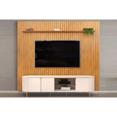 Imagem de Rack Bancada c/ Painel p/ TV até 75 Pol Trento/Ariana Ripado Portas e Nichos 275,7x240cm Cedro/Off White - DJ Móveis