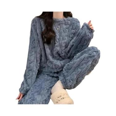 Imagem de Conjunto De Pijama Feminino Em Fleece Coral Grosso E Quente Com Estamp