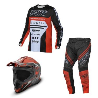 Imagem de Kit Motocross Adulto Pro Tork Brave Camisa + Calça + Capacete, Vermelh