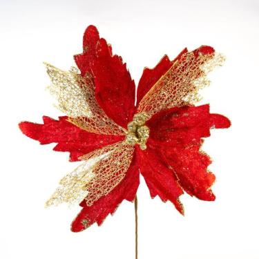 Imagem de Kit 4 Flores Decoração Natal Brilho Artificial Vermelha 29cm - Genéric