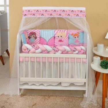 Imagem de Kit Mini Berço com 12 peças + Saia de Berço Bebê Menina Bonequinhas - 