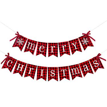 Imagem de Banner Merry Christmas de algodão vintage - decorações de festa de Natal, decorações vintage de Natal, manto de lareira decoração de casa, suprimentos de festa de Natal, decorações de férias de Natal