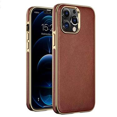 Imagem de GSYH Capa para iPhone 13/13 Pro/13 Pro Max, capa protetora de couro legítimo ultra fina com suporte de carregamento sem fio galvanizado com borda espelhada, marrom, 13 15,5 cm