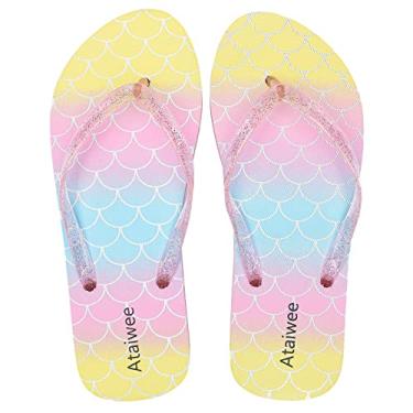 Imagem de Ataiwee Sandálias de dedo para meninas – Sapatos infantis estampados para crianças pequenas/grandes., Rosa com escama de peixe amarela - 2112, 12 Little Kid