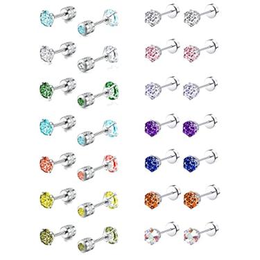 Imagem de Tornito 7 a 14 pares de brincos de aço inoxidável CZ para mulheres, conjunto de brincos de hélice de cartilagem de zircônia cúbica multicolorida 4 mm, Metal, Zircônia cúbica