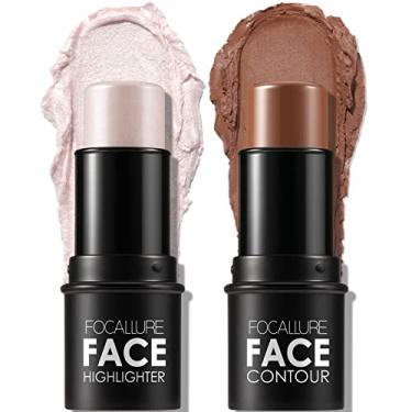 Imagem de FOCALLURE 2 peças de bastão de base contorno, caneta marca-texto e bronzeador, lápis que ilumina o rosto, maquiagem de longa duração para sombra de destaque, bastão de modelagem de bronzeador, universal