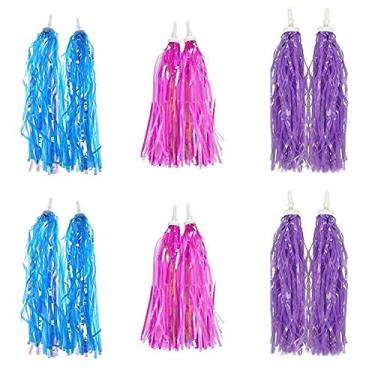 Imagem de lasenersm 6 pares de serpentinas de guidão de bicicleta borlas de bicicleta scooter de guidão vigas de guidão punhos de bicicleta fita de borla brilhante acessórios para meninas meninos (azul, rosa, roxo)