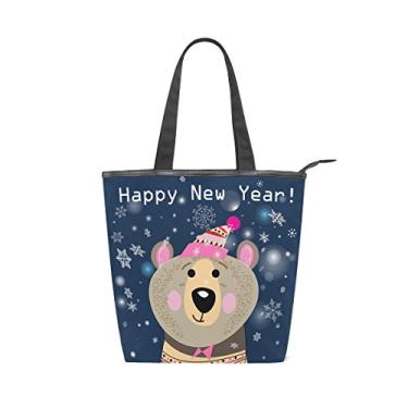 Imagem de Bolsa feminina de lona durável Happy New Year Bear Snowflake Bolsa de ombro para compras com grande capacidade