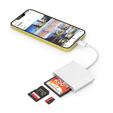 Imagem de Leitor de cartão CF SD para iPhone iPad, adaptador compacto de leitor de cartão de memória flash 3 em 1, visualizador de câmera digital de 3 slots MicroSD CF SD Trail Game para iPhone