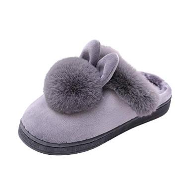 Imagem de Chinelos para mulheres ao ar livre feminino interior inverno casa coelho conforto sapato orelhas peludos calçados chinelos macios, Cinza, 6.5-7.5