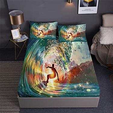 Imagem de Jogo de cama de praia com decoração de surfe de verão em um saco, 7 peças, conjunto de cama de surfe, incluindo 1 lençol com elástico + 1 edredom + 4 fronhas + 1 lençol de cima (B, cama queen em uma