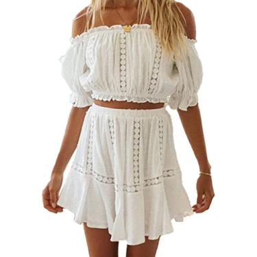 Imagem de Kit de Saia Superior Com Ombro de Fora, Mini Saia Com Costura de Babado de Renda, 2 Peças, Conjunto de Saia Com Babado e Bainha para Mulheres para Praia (XL)