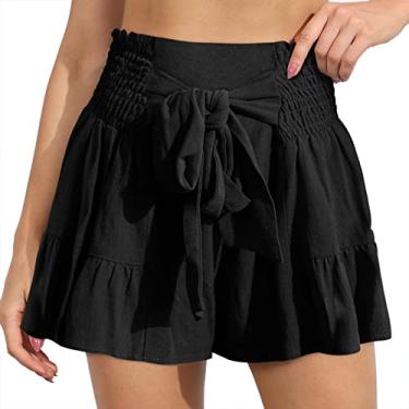 Imagem de Shorts de Cintura Franzida, Shorts Macios Casuais de Perna Larga Cor Pura para Mulheres para Festa na Praia (S)