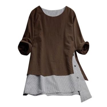 Imagem de Blusa feminina plus size de algodão solto de linho, xadrez, com botões, gola redonda, manga comprida, Café, 5G