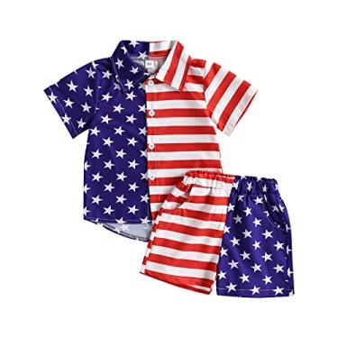 Imagem de hhchenyulemon Conjunto de shorts infantis para bebês, camiseta listrada de manga curta com shorts de cintura elástica, roupa de verão, Vermelho, branco, azul, 5-6 Anos